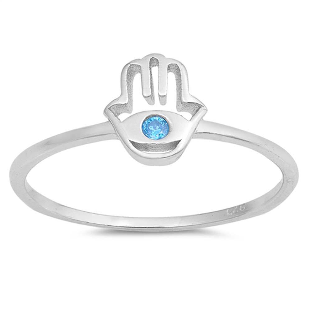 Sterling Silver Hand Of God Shaped Blue Topaz CZ RingAnd Face Height 8mm