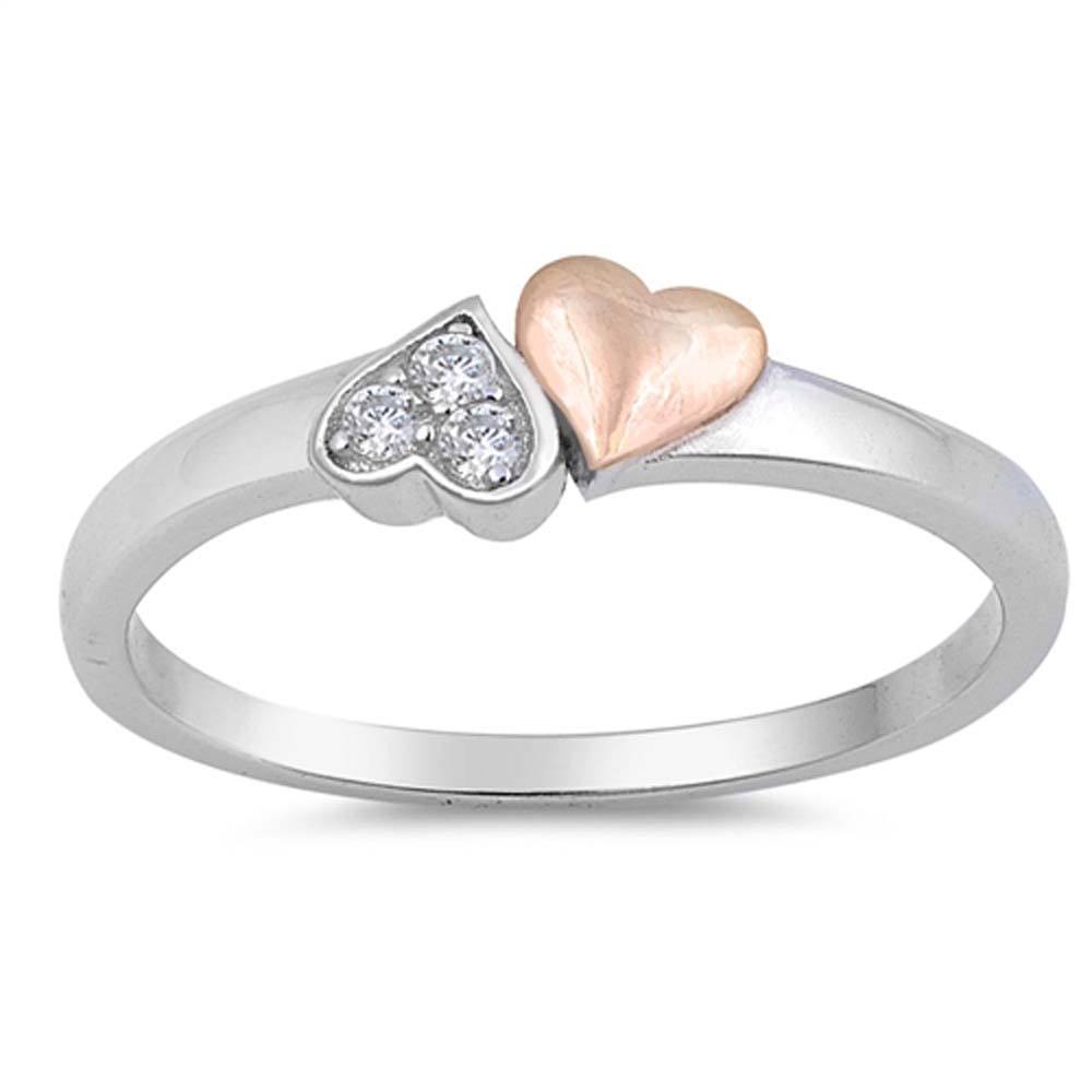 Sterling Silver Rose Gold Plated Two Hearts Shaped Clear CZ RingAnd Face Height 5mm