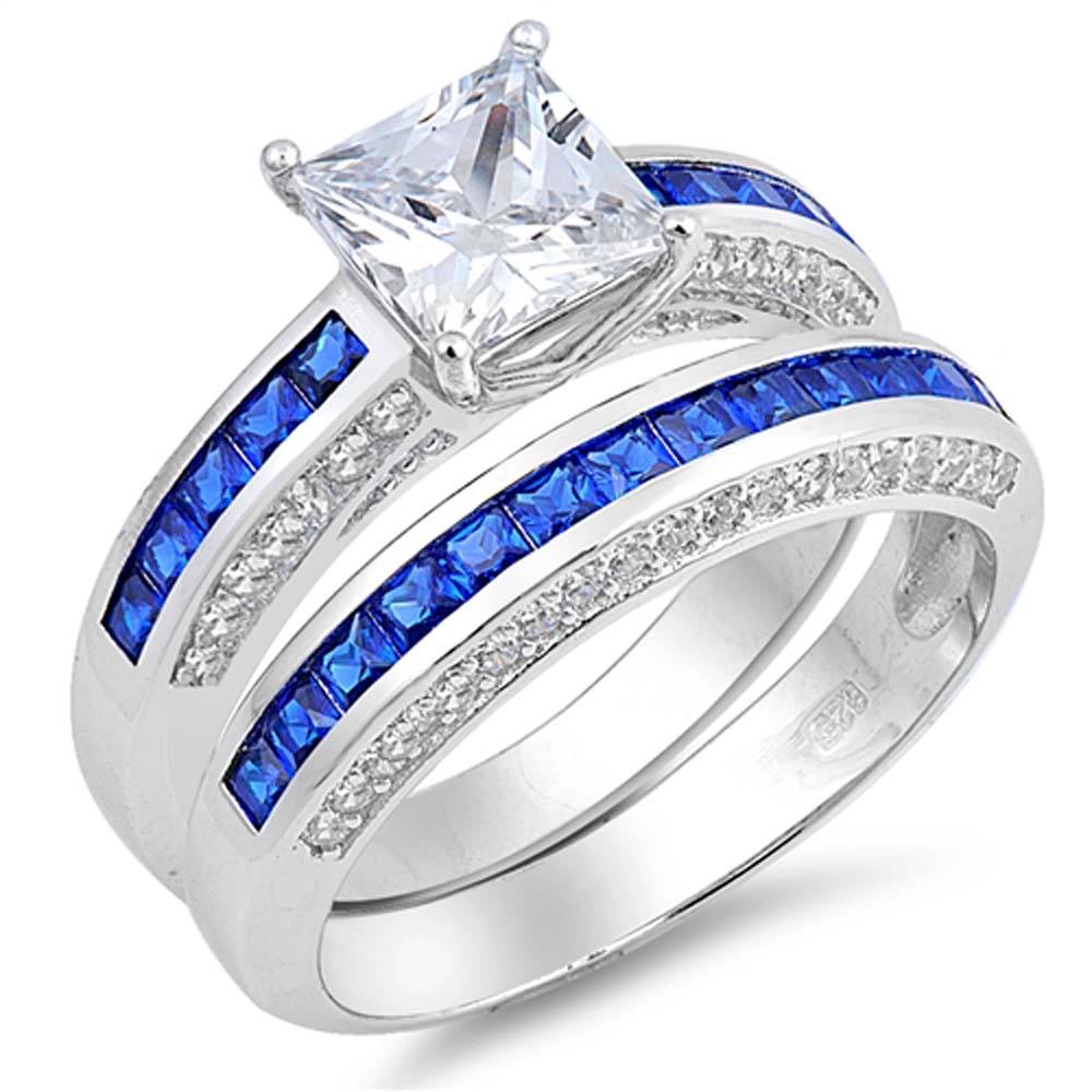 Sterling Silver Square Shaped Clear CZ Ring With Blue SpinnelAnd Face Height 7mm