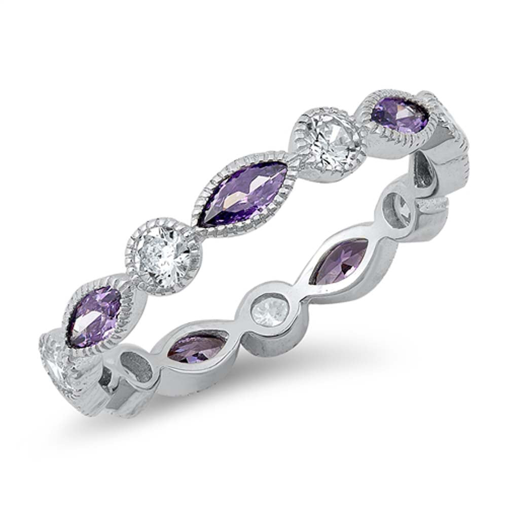 Sterling Silver Round With Amethyst And Cubic Zirconia Ring