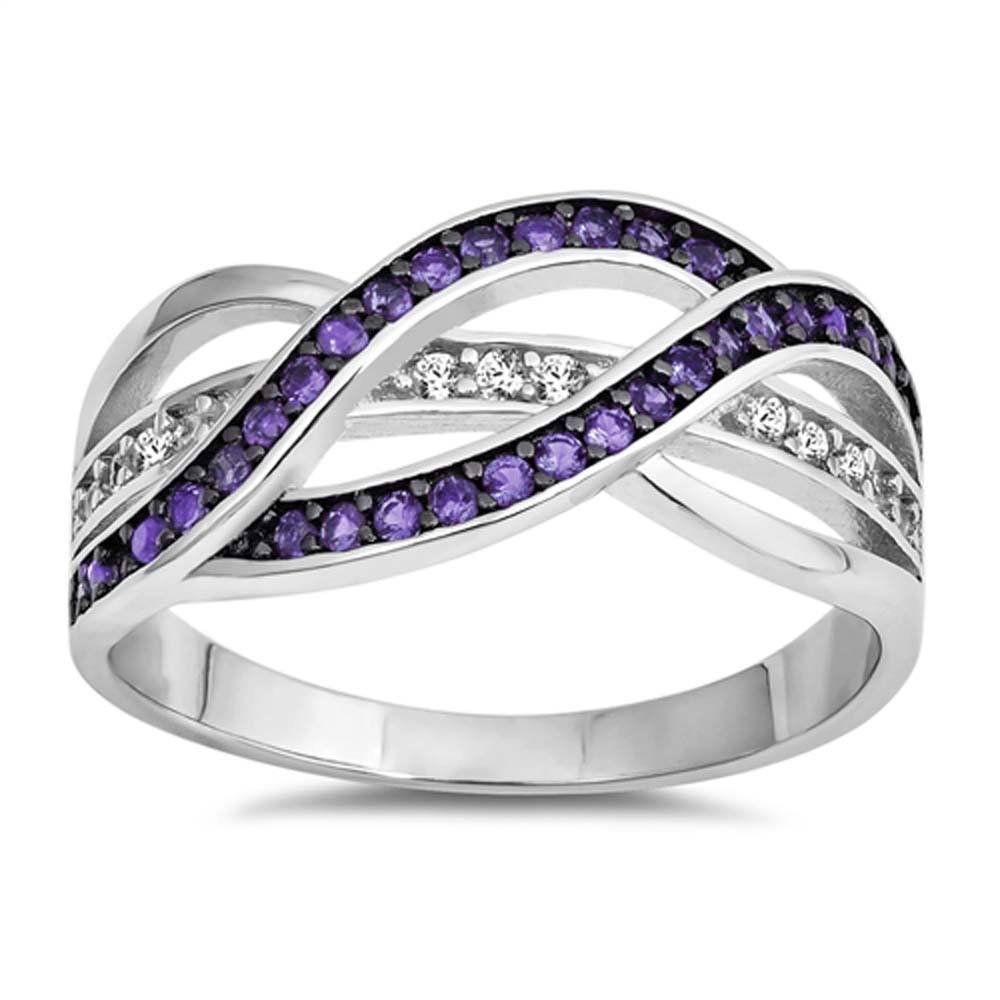 Sterling Silver Infinity Shaped Clear CZ Ring With Amethyst StonesAnd Face Height 10mm