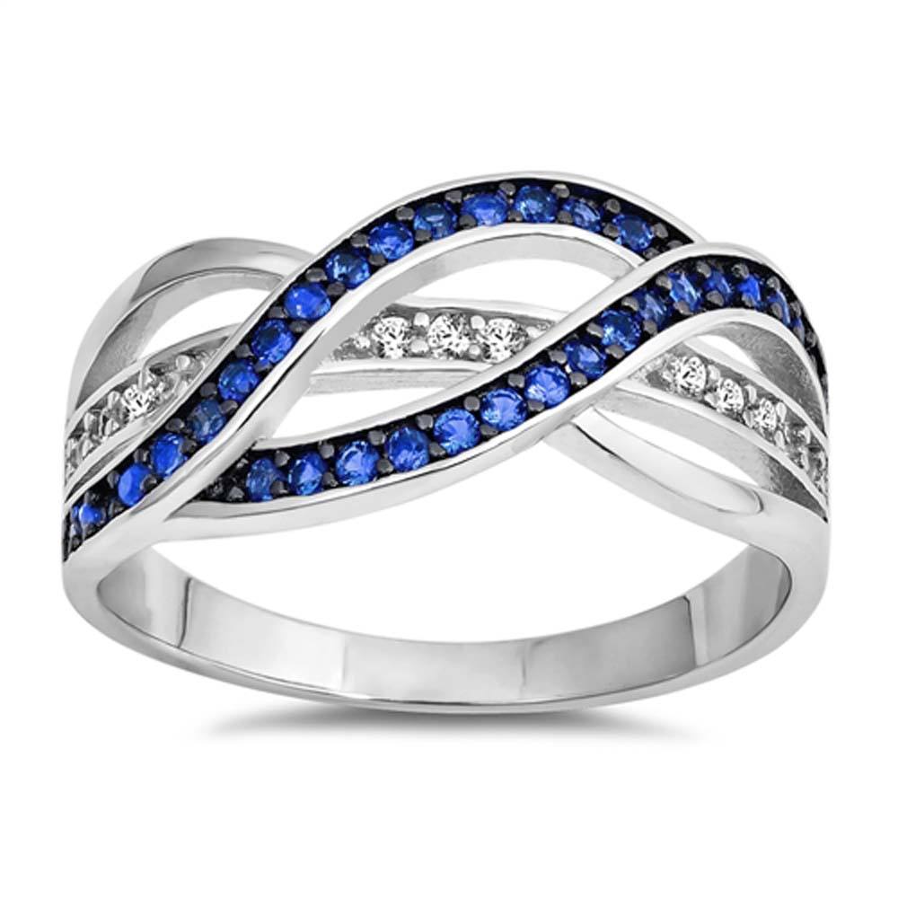 Sterling Silver Infinity Shaped Clear CZ Ring With Blue Sapphire StonesAnd Face Height 10mm