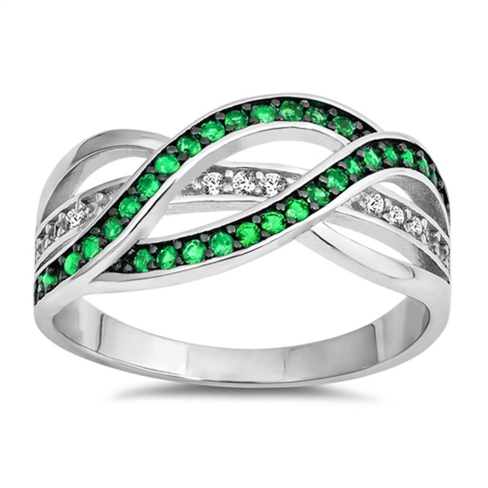 Sterling Silver Infinity Shaped Clear CZ Ring With Emerald StonesAnd Face Height 10mm