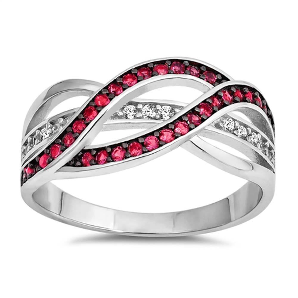 Sterling Silver Infinity Shaped Clear CZ Ring With Ruby StonesAnd Face Height 10mm