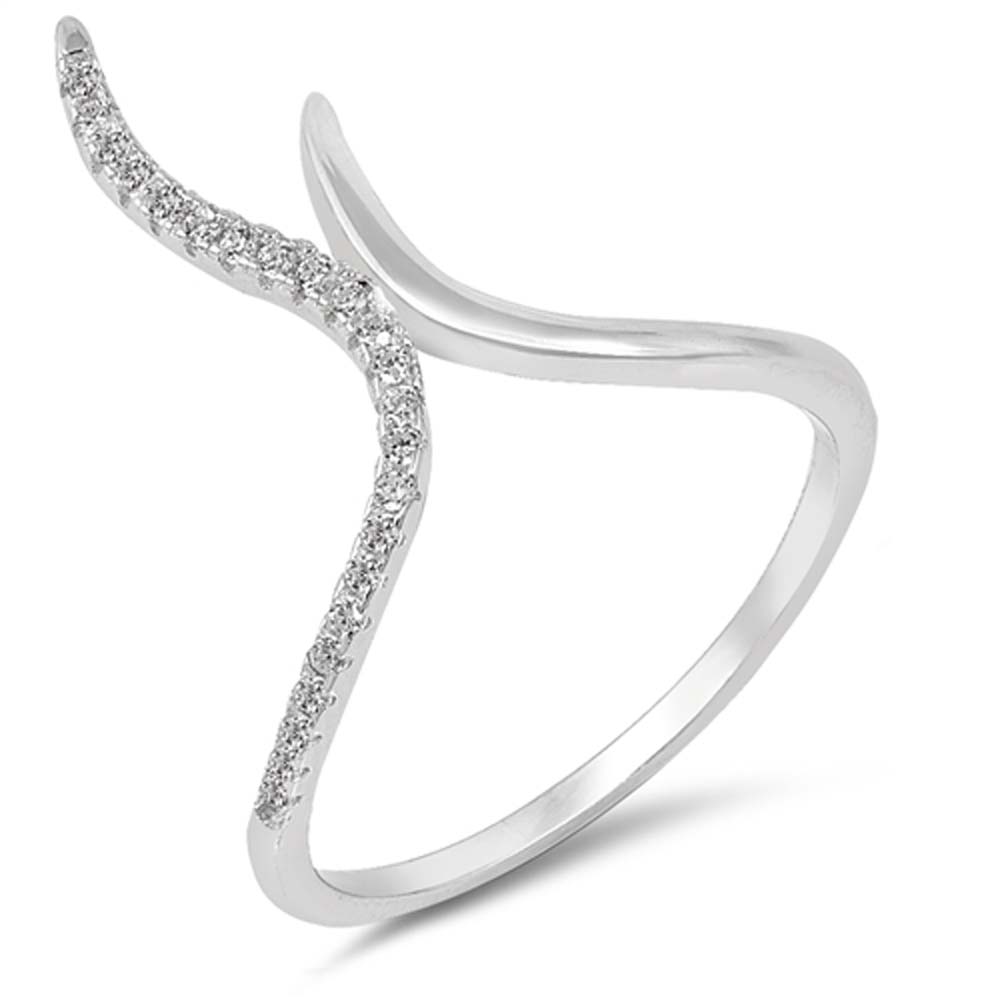 Sterling Silver Waves Shaped Clear CZ RingAnd Face Height 18mm