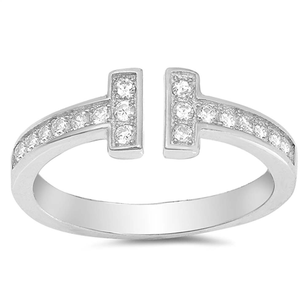 Sterling Silver Double Bars Shaped Clear CZ RingAnd Face Height 6mm