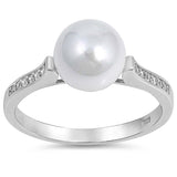 Sterling Silver Round Shaped Simulated Pearl And Clear CZ RingAnd Face Height 9mm