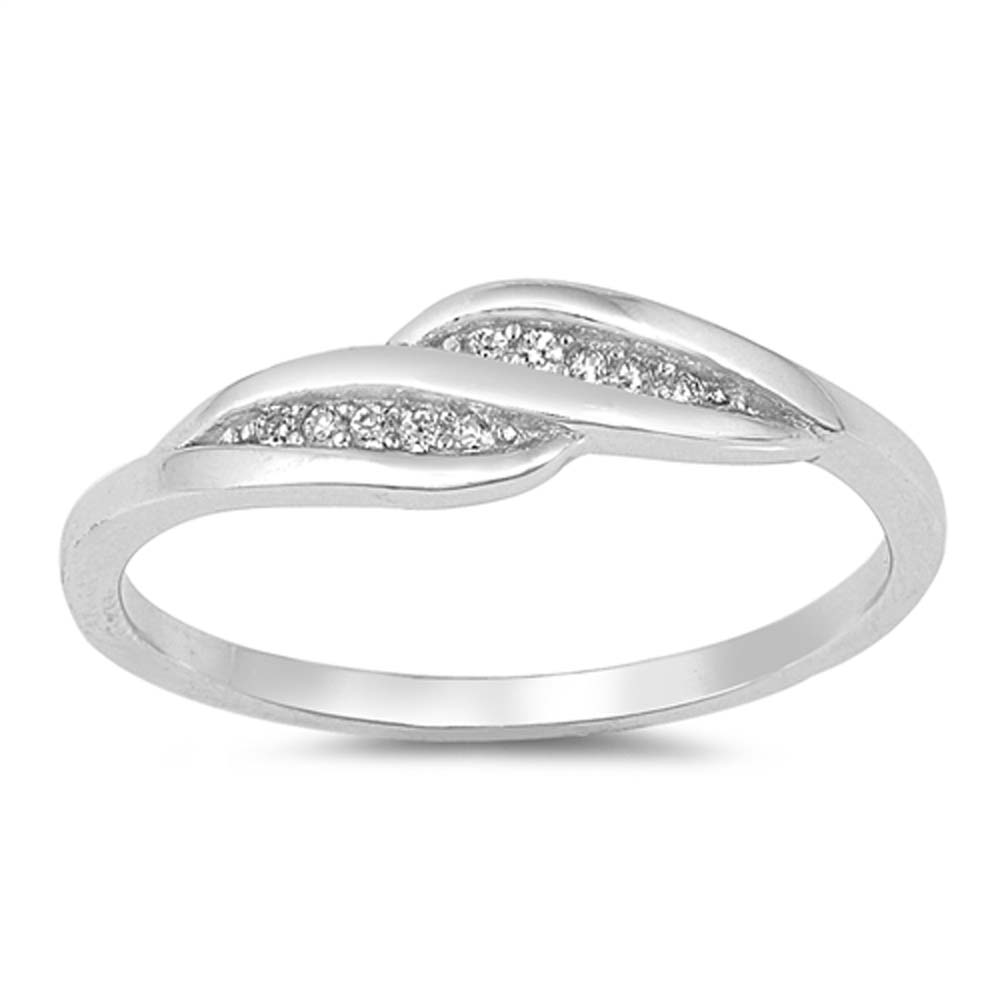 Sterling Silver Double Wave Shaped Clear CZ RingAnd Face Height 5mm