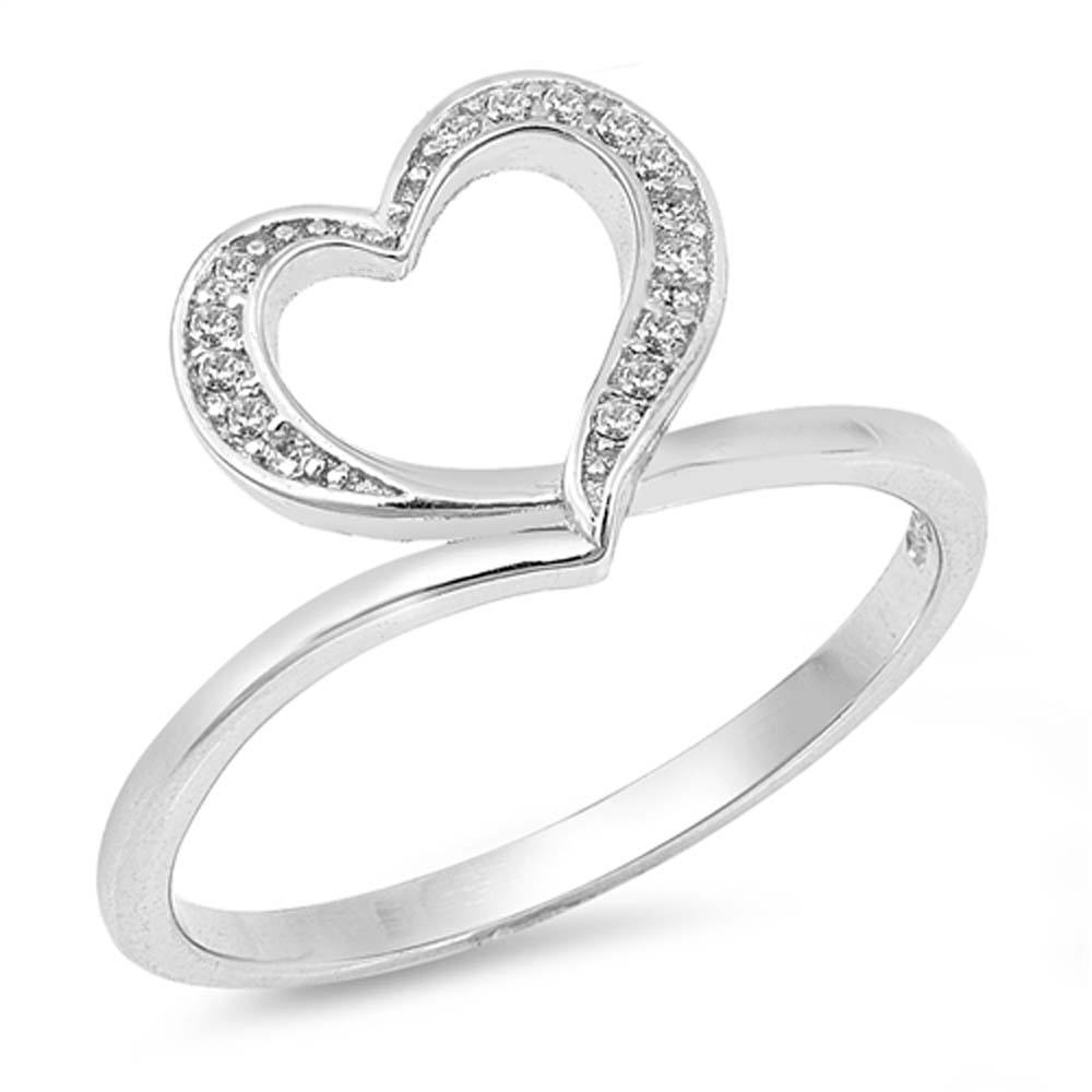 Sterling Silver Open Heart Shaped Clear CZ RingAnd Face Height 10mm