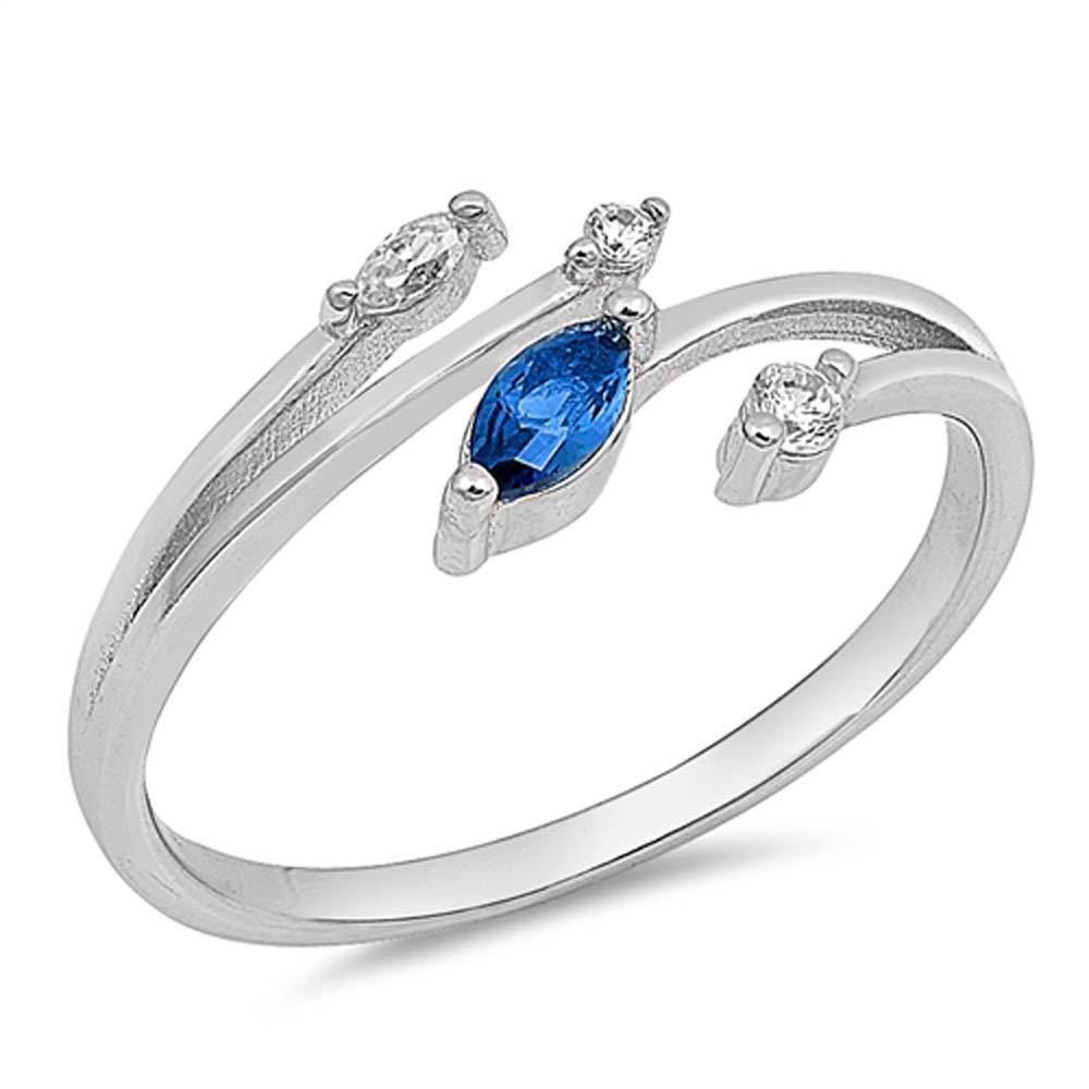 Sterling Silver Double Edges Shaped Clear CZ Ring With Blue Sapphire StoneAnd Face Height 8mm