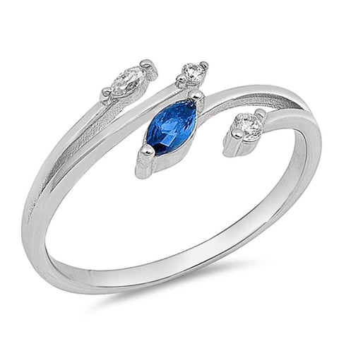 Sterling Silver Double Edges Shaped Clear CZ Ring With Blue Sapphire StoneAnd Face Height 8mm
