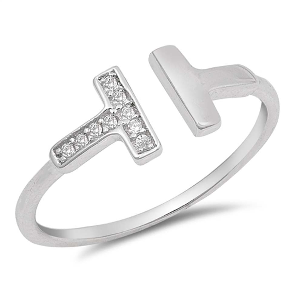 Sterling Silver Double Bars Shaped Clear CZ RingAnd Face Height 7mm