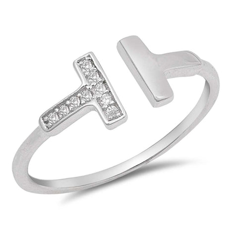 Sterling Silver Double Bars Shaped Clear CZ RingAnd Face Height 7mm
