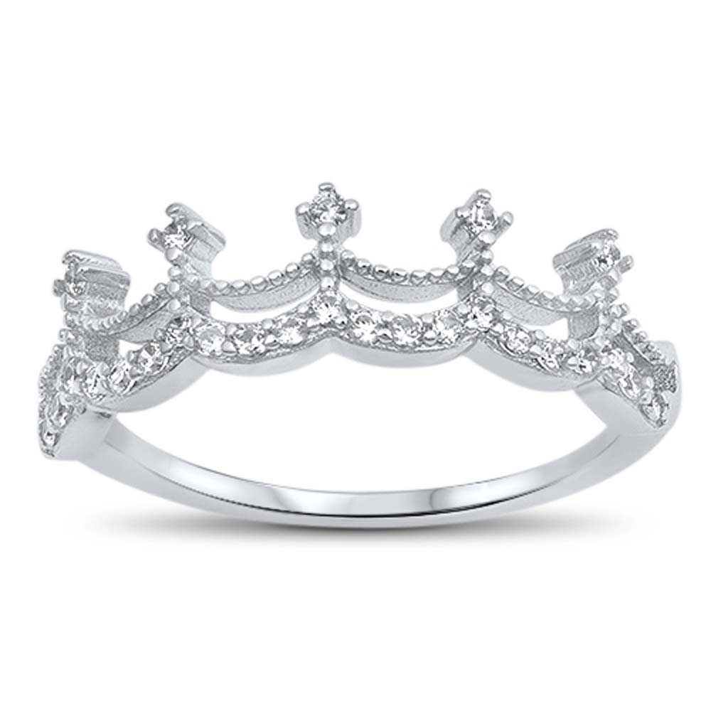 Sterling Silver Crown Shaped Clear CZ Ring, Face Height 6mm