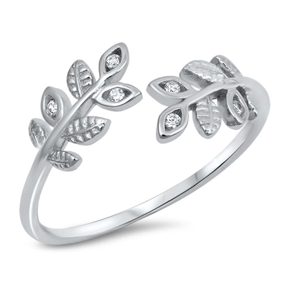 Sterling Silver Ferns Shaped Clear CZ RingAnd Face Height 9mm