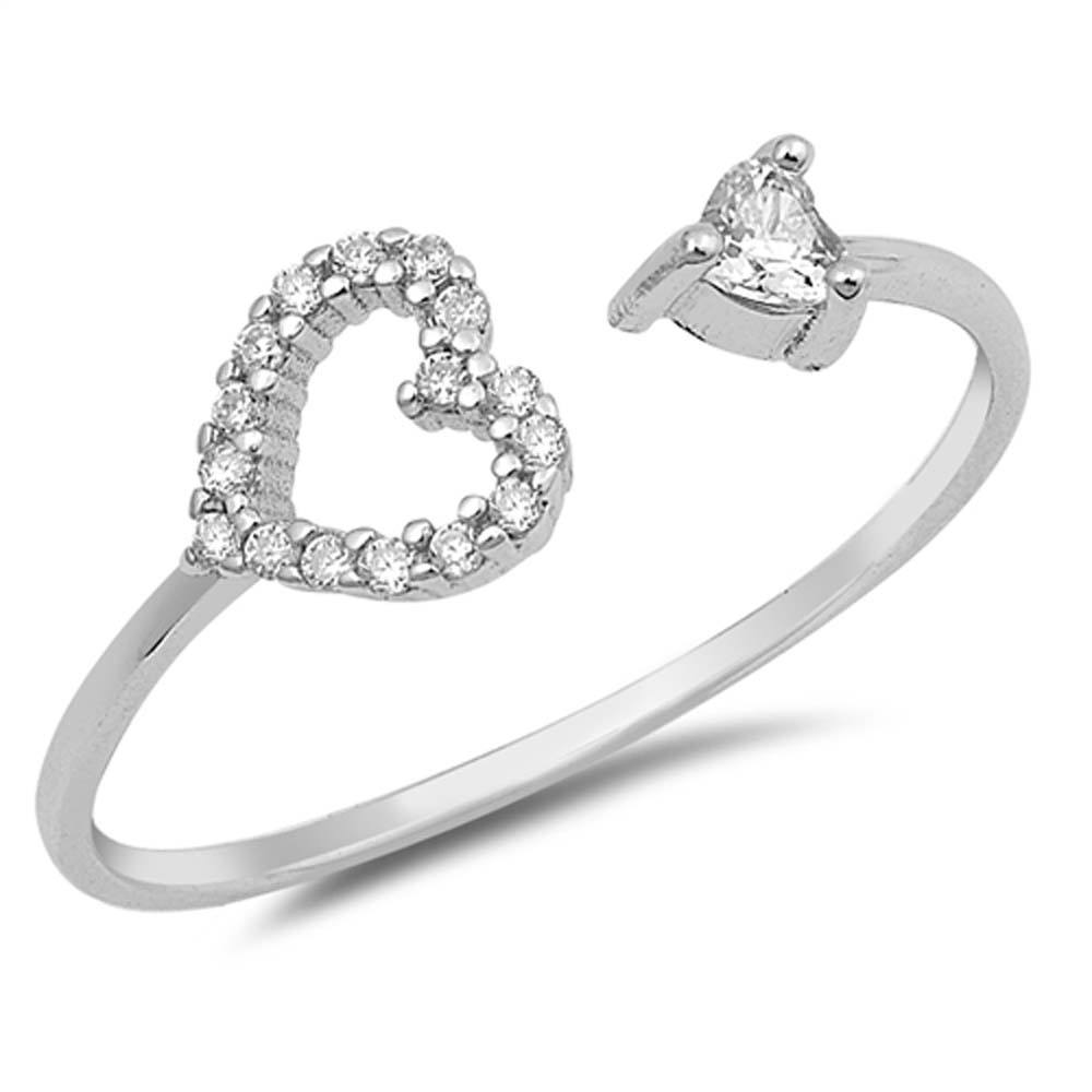 Sterling Silver Open Hearted Shaped With Clear CZ RingAnd Face Height 7mm