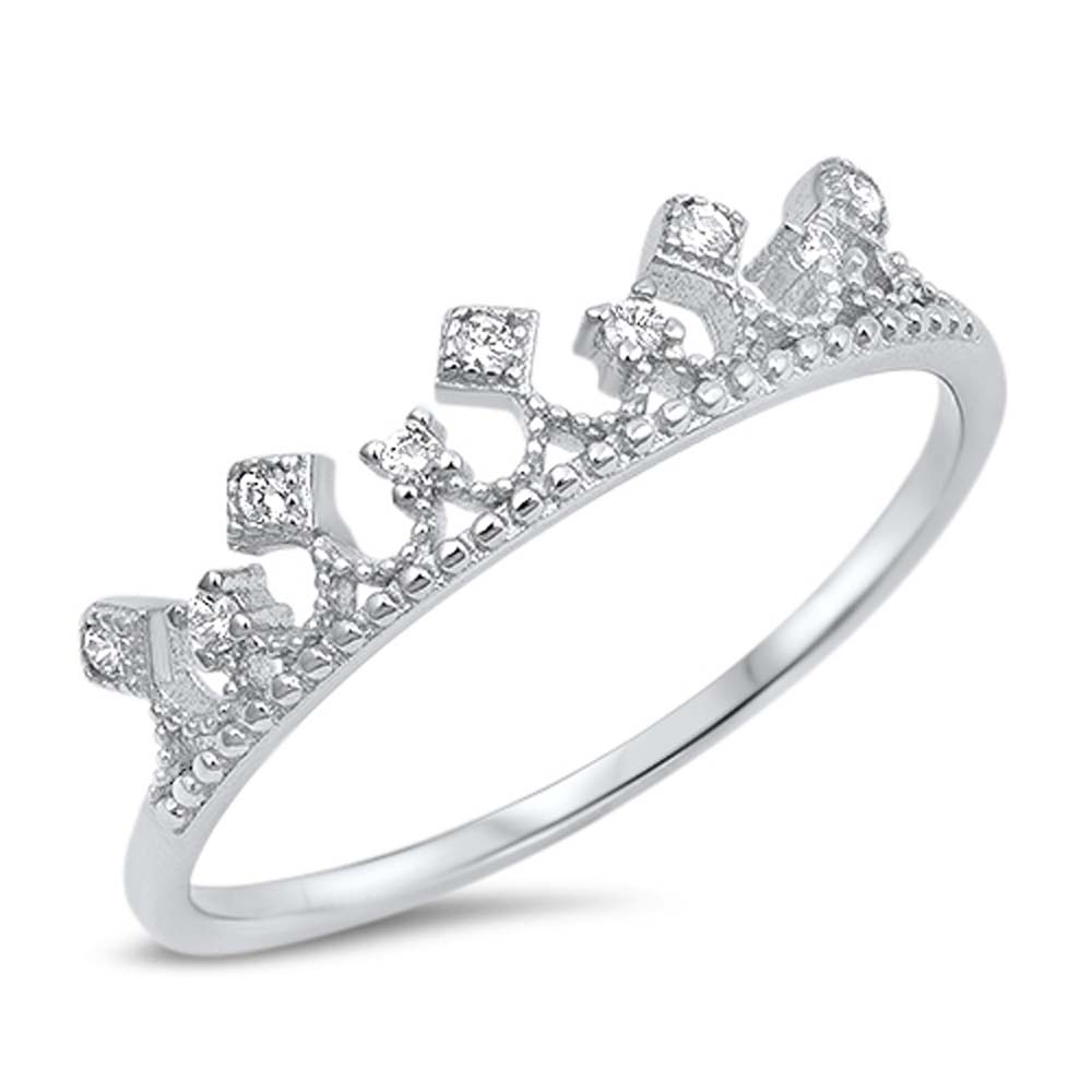 Sterling Silver Crown Shaped Clear CZ RingAnd Face Height 5mm