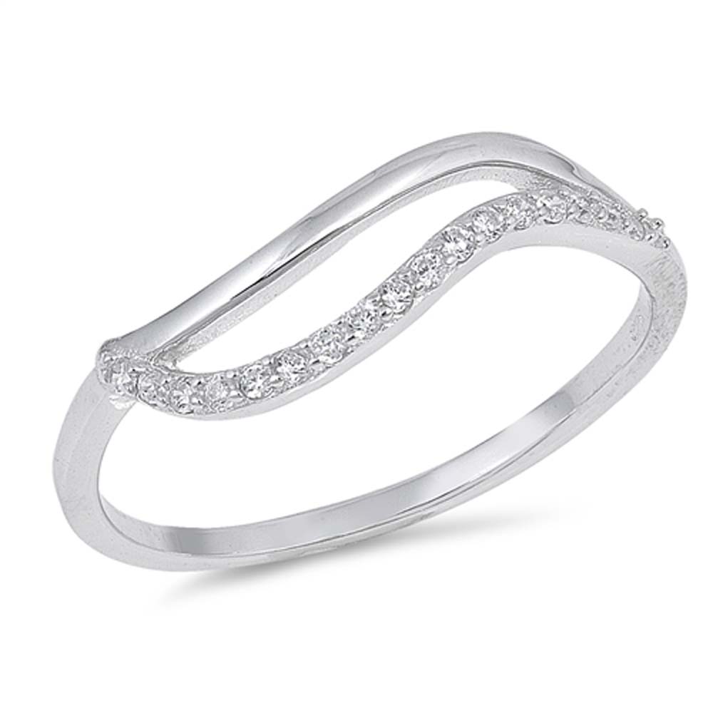 Sterling Silver Wave Shaped Clear CZ RingAnd Face Height 7mm