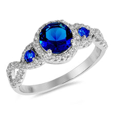 Load image into Gallery viewer, Sterling Silver Round And Infinity Shaped Clear CZ Ring With Blue Sapphire StoneAnd Face Height 10mm