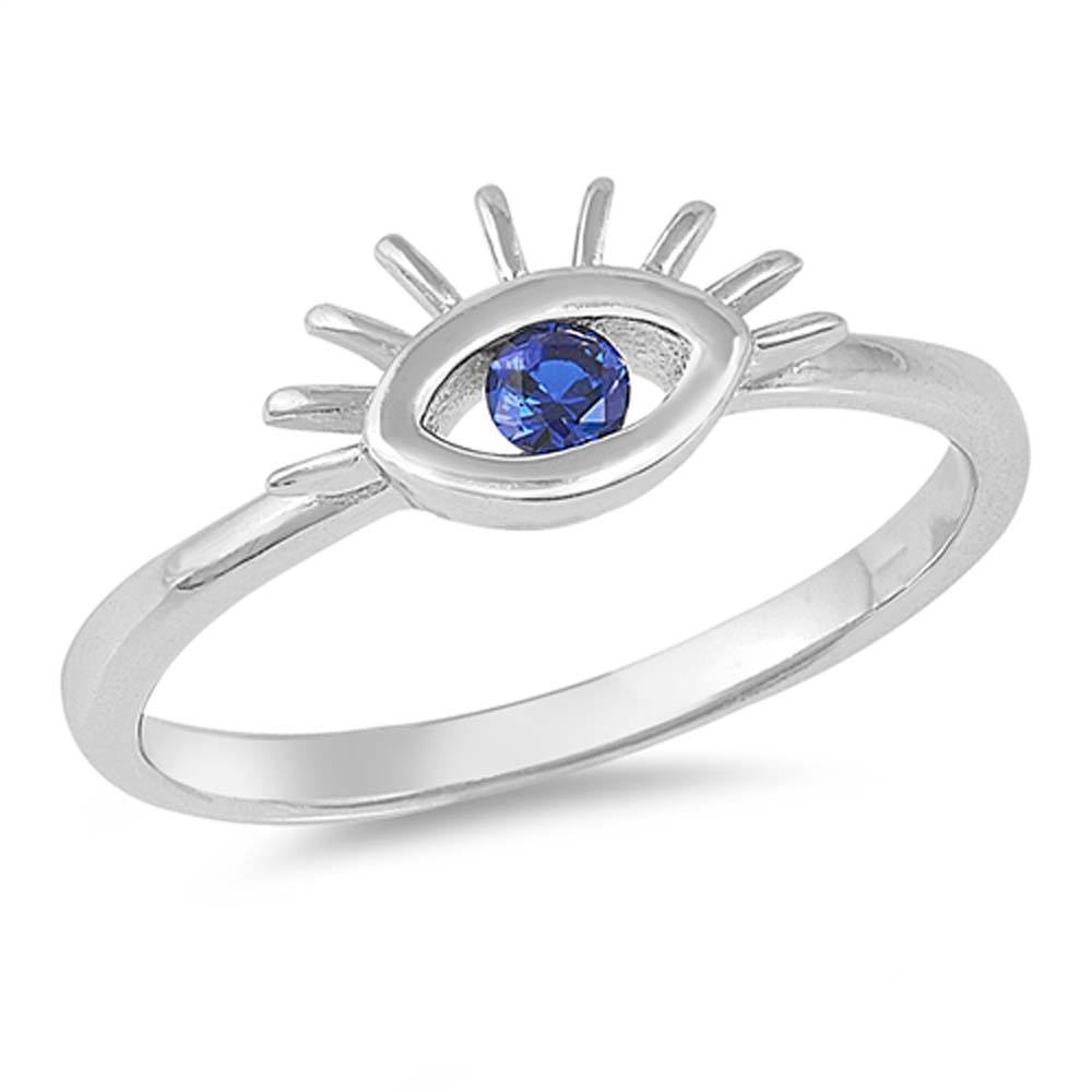 Sterling Silver Evil Eye Shaped Clear CZ Ring With Blue Sapphire StoneAnd Face Height 4mm