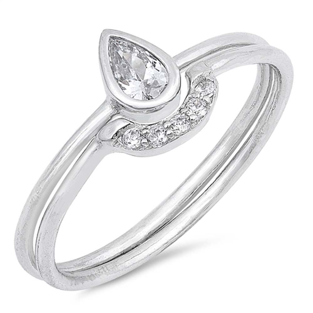 Sterling Silver Teardrop Set Shaped Clear CZ RingAnd Face Height 8mm