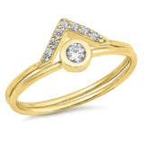 Sterling Silver Yellow Gold Plated Solitaire V Set Shaped Clear CZ RingAnd Face Height 8mm