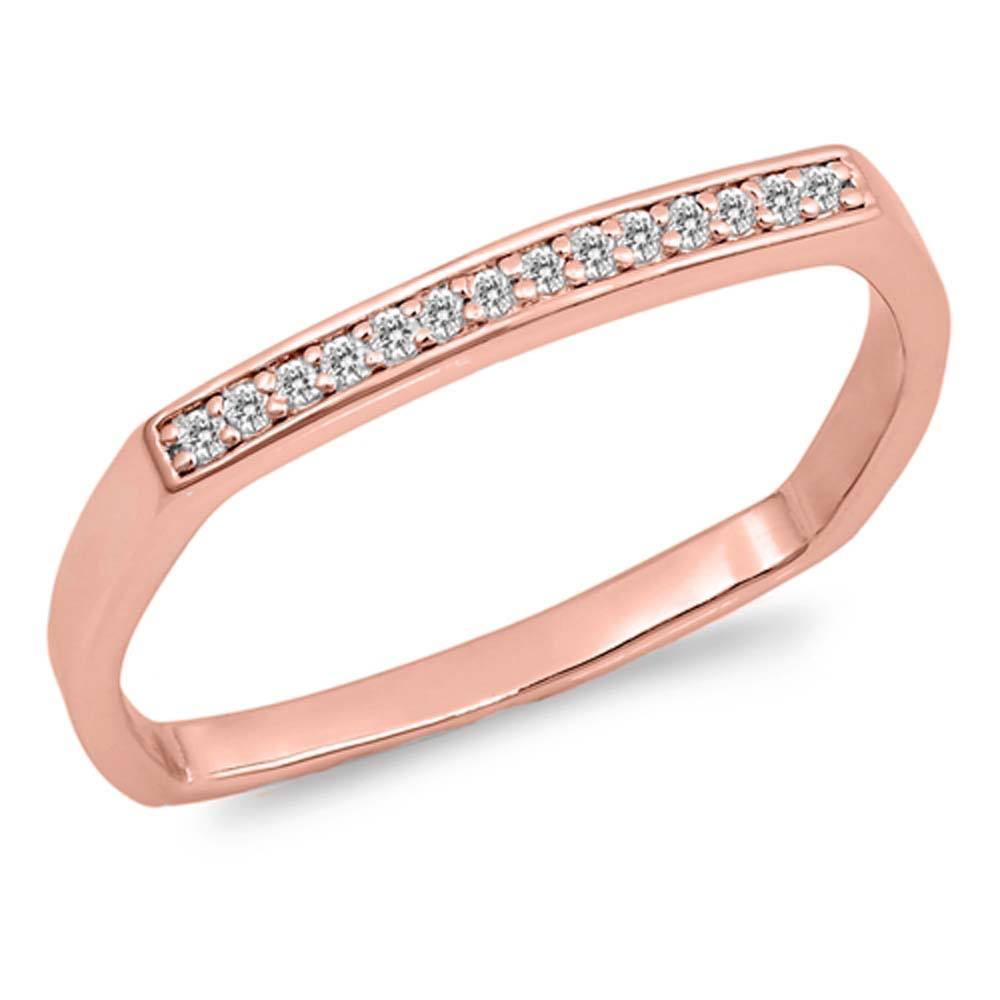 Sterling Silver Rose Gold Plated Square Edges Shaped Clear CZ RingAnd Face Height 2mm