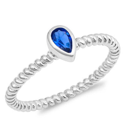 Sterling Silver Pear Shaped Blue Sapphire CZ Ring and Face Height 7mm
