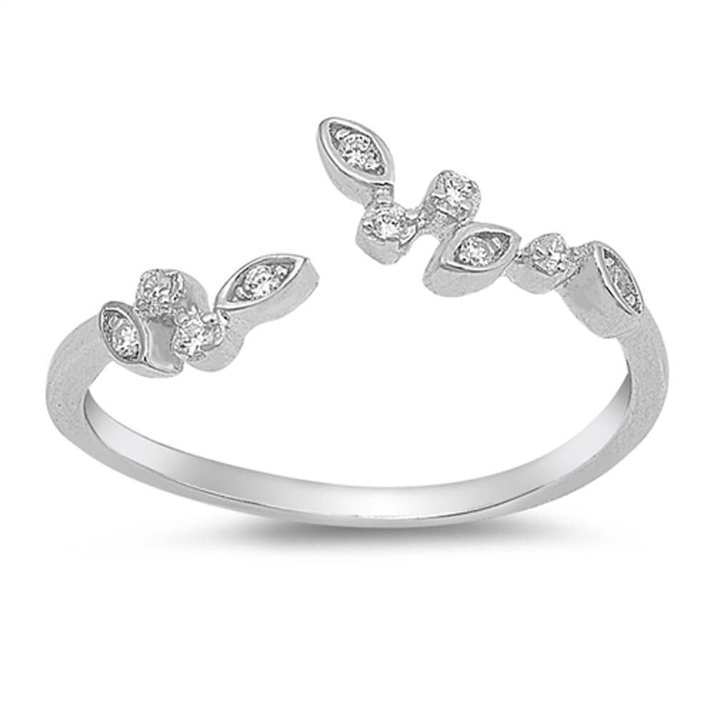 Sterling Silver Leaf Shaped Clear CZ RingAnd Face Height 7mm