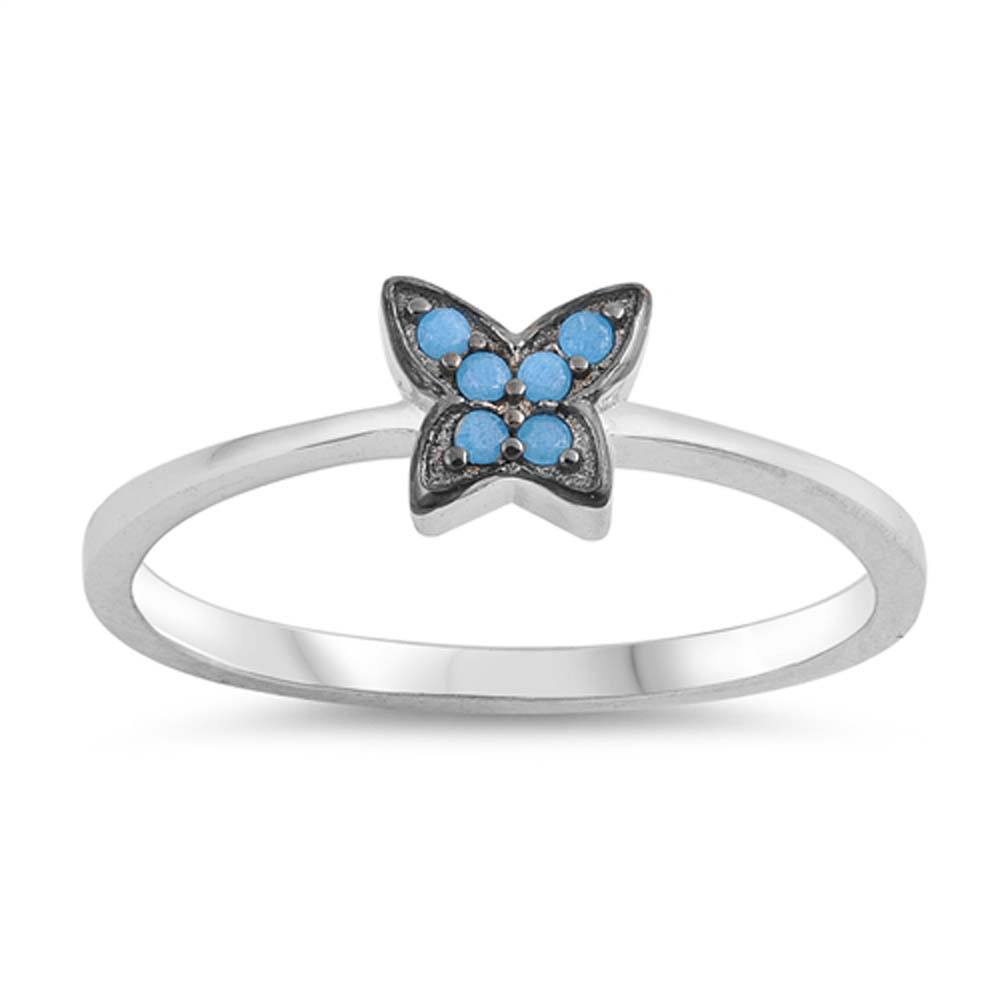 Sterling Silver Nano Imitation Turquoise Butterfly Shaped CZ RingsAnd Face Height 6mm