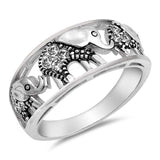 Sterling Silver Elephant Circle Shaped With Clear CZ RingAnd Face Height 9mm