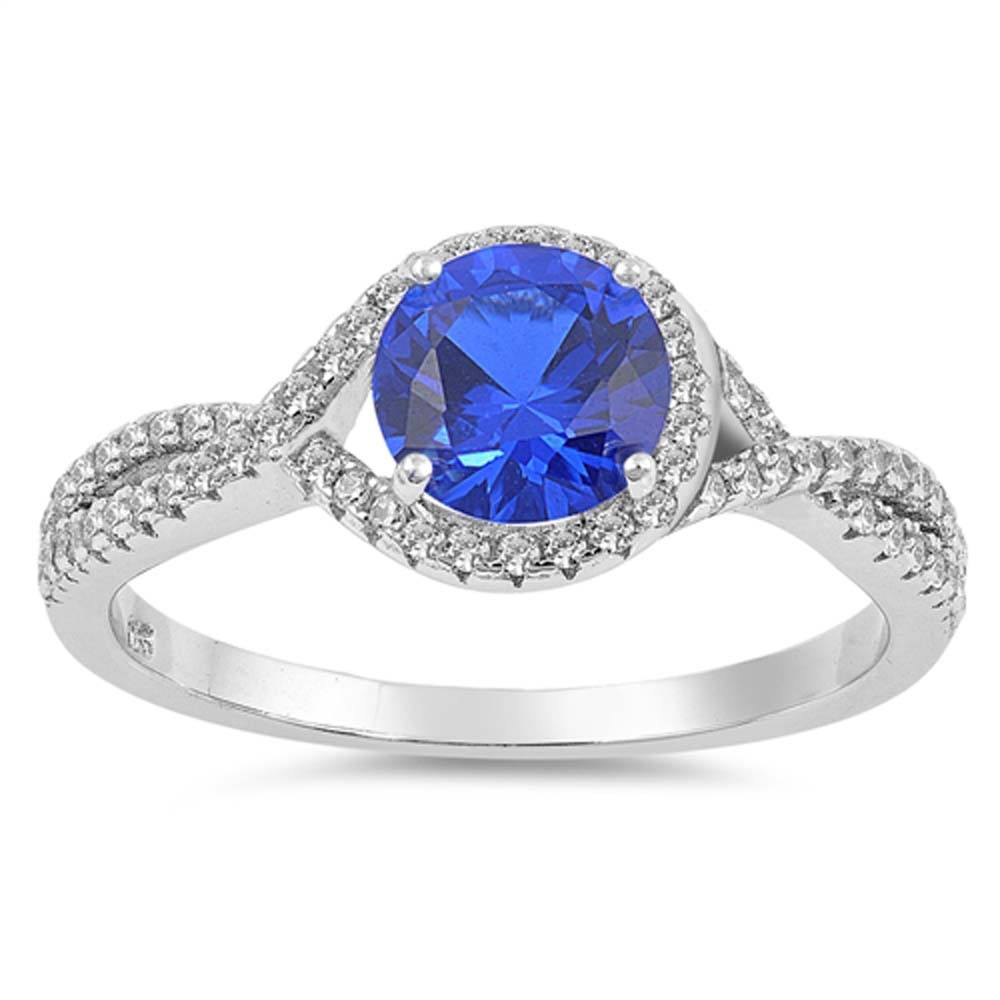 Sterling Silver Blue Sapphire Circle Shaped With Clear CZ RingAnd Face Height 9mm