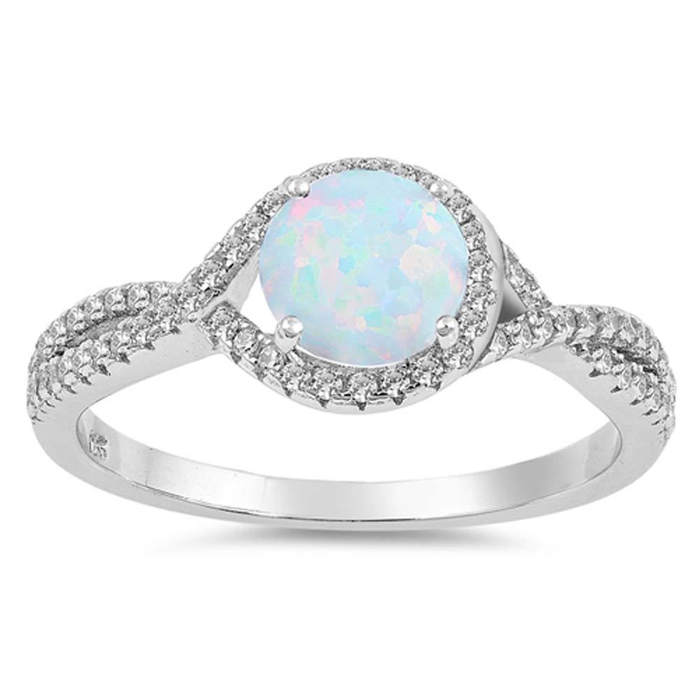 Sterling Silver Round Shape White Lab Opal Rings With CZ StonesAnd Face Height 9mm