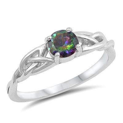 Sterling Silver Round With Rainbow Topaz And Cubic Zirconia Ring