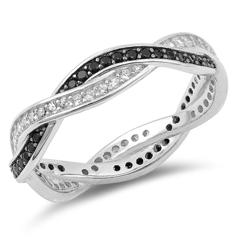 Sterling Silver Black Braid Band Circle Shaped With Clear CZ RingAnd Face Height 4mm