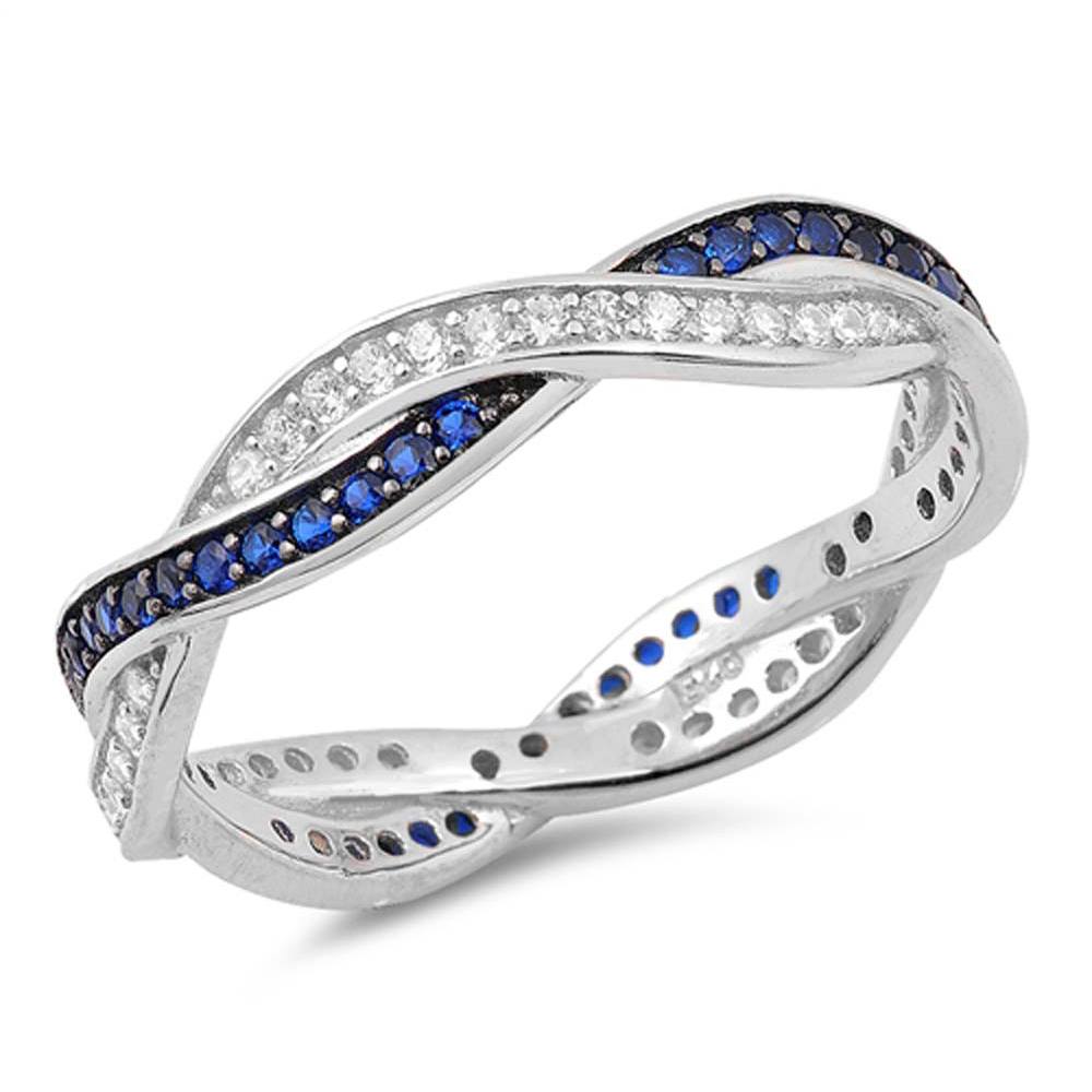 Sterling Silver Blue Sapphire Braid Band Circle Shaped With Clear CZ RingAnd Face Height 4mm