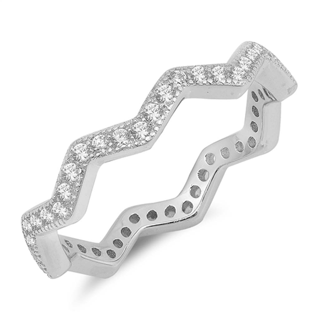 Sterling Silver Zig Zag Band Circle Shaped With Clear CZ RingAnd Face Height 4mm