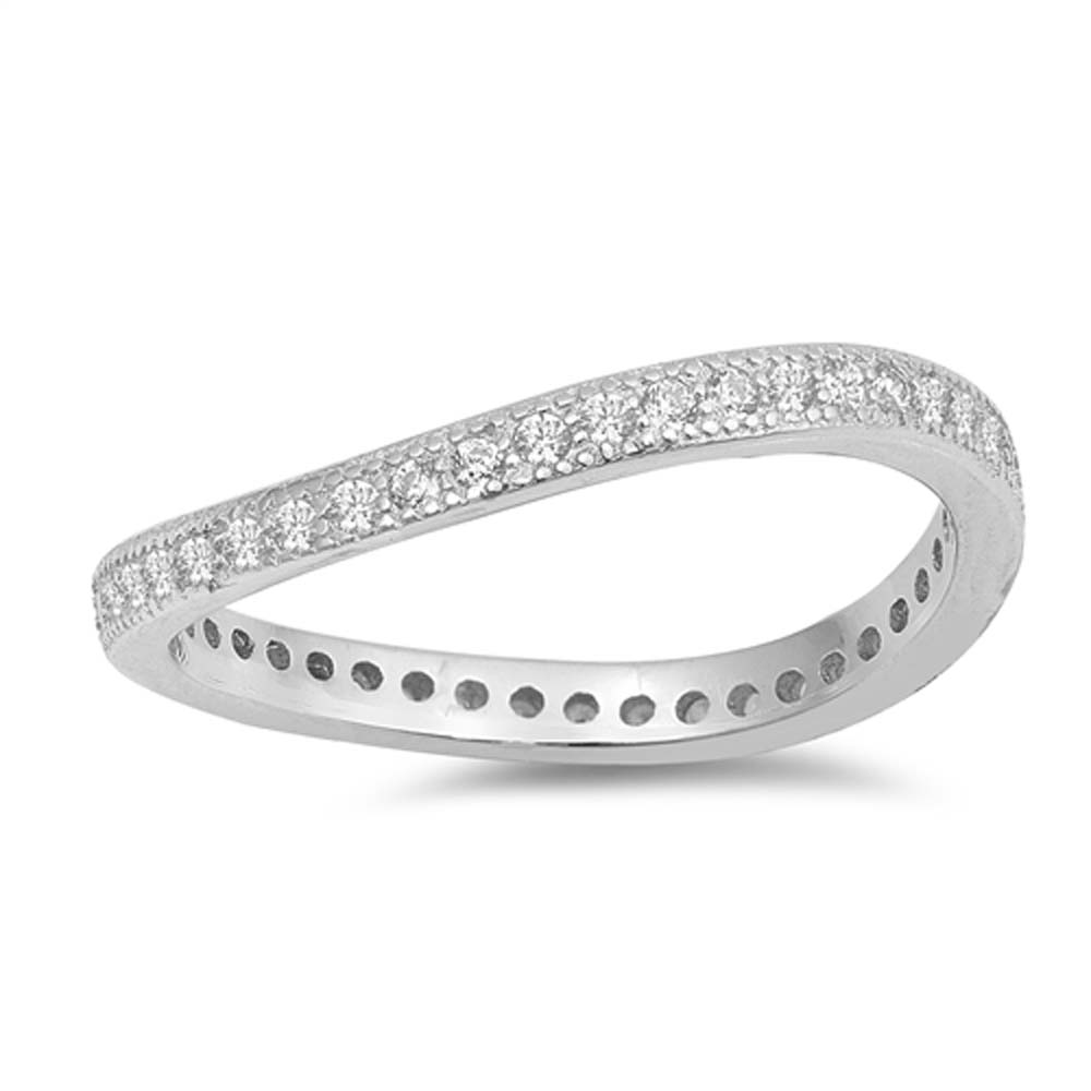 Sterling Silver Slight Wave Shaped With Clear CZ RingAnd Face Height 2mm