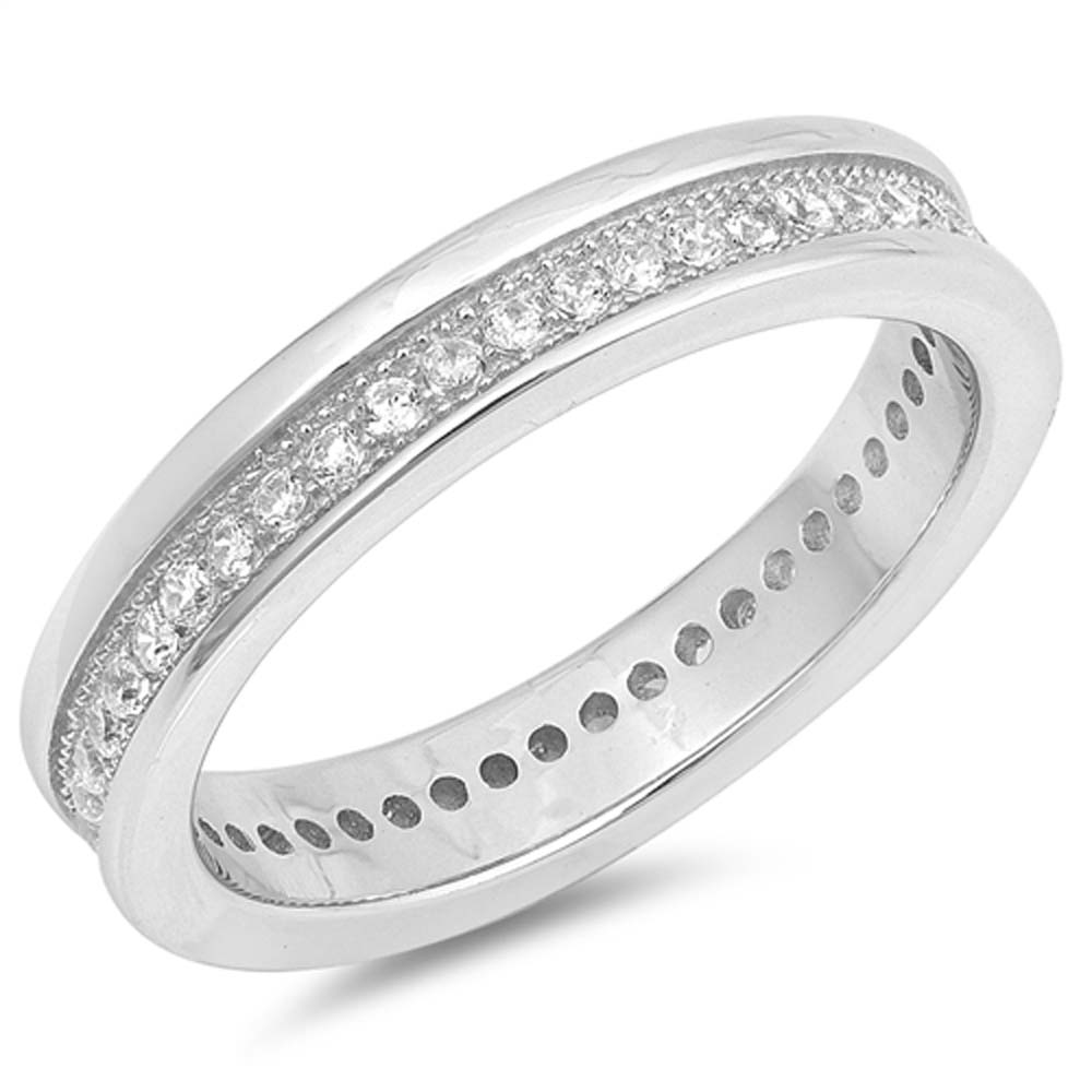 Sterling Silver Circle Shaped With Clear CZ RingAnd Face Height 4mm