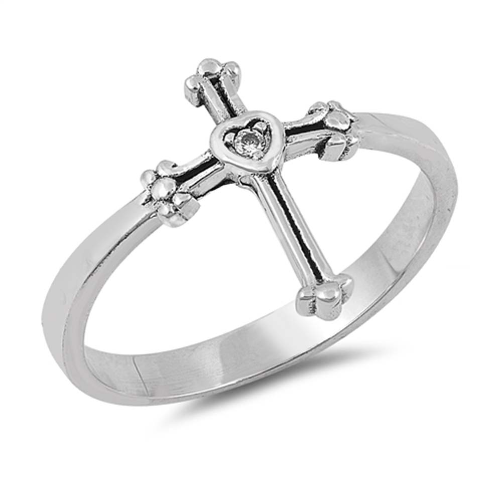 Sterling Silver Cross with Solitaire Clear CZ Ring and Face Height 14mm