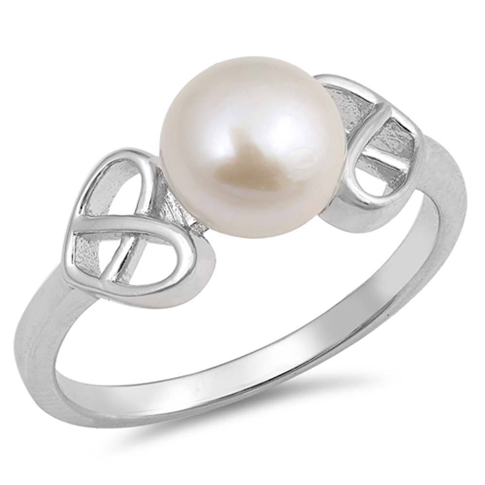 Sterling Silver Simulated Pearl Circle Shaped With Clear CZ RingAnd Face Height 8mm