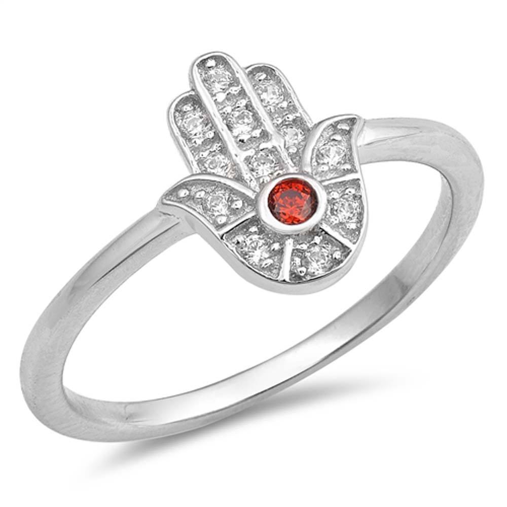 Sterling Silver Garnet Hamsa Shaped With Clear CZ RingAnd Face Height 11mm