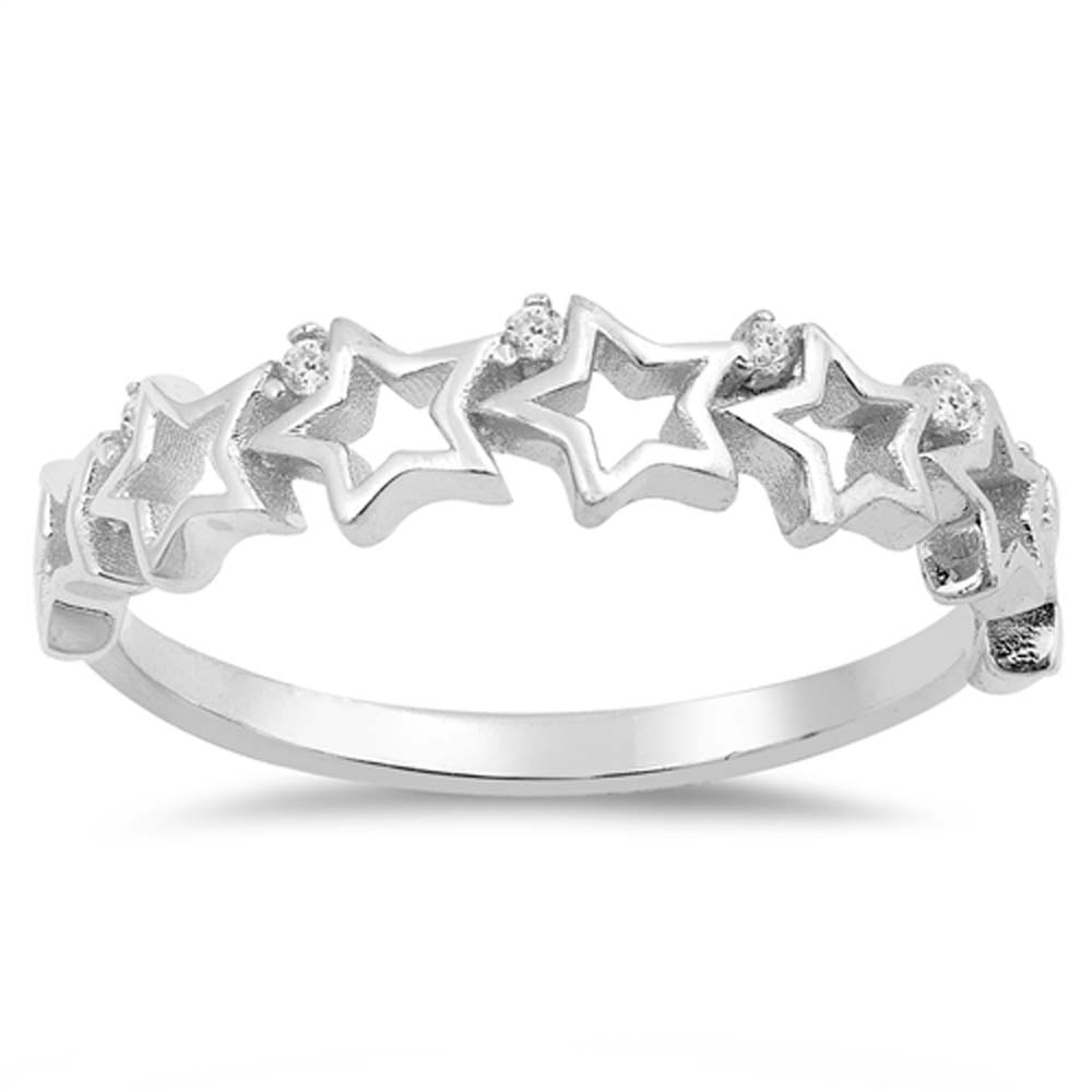 Sterling Silver Stars Shaped With Clear CZ RingAnd Face Height 5mm