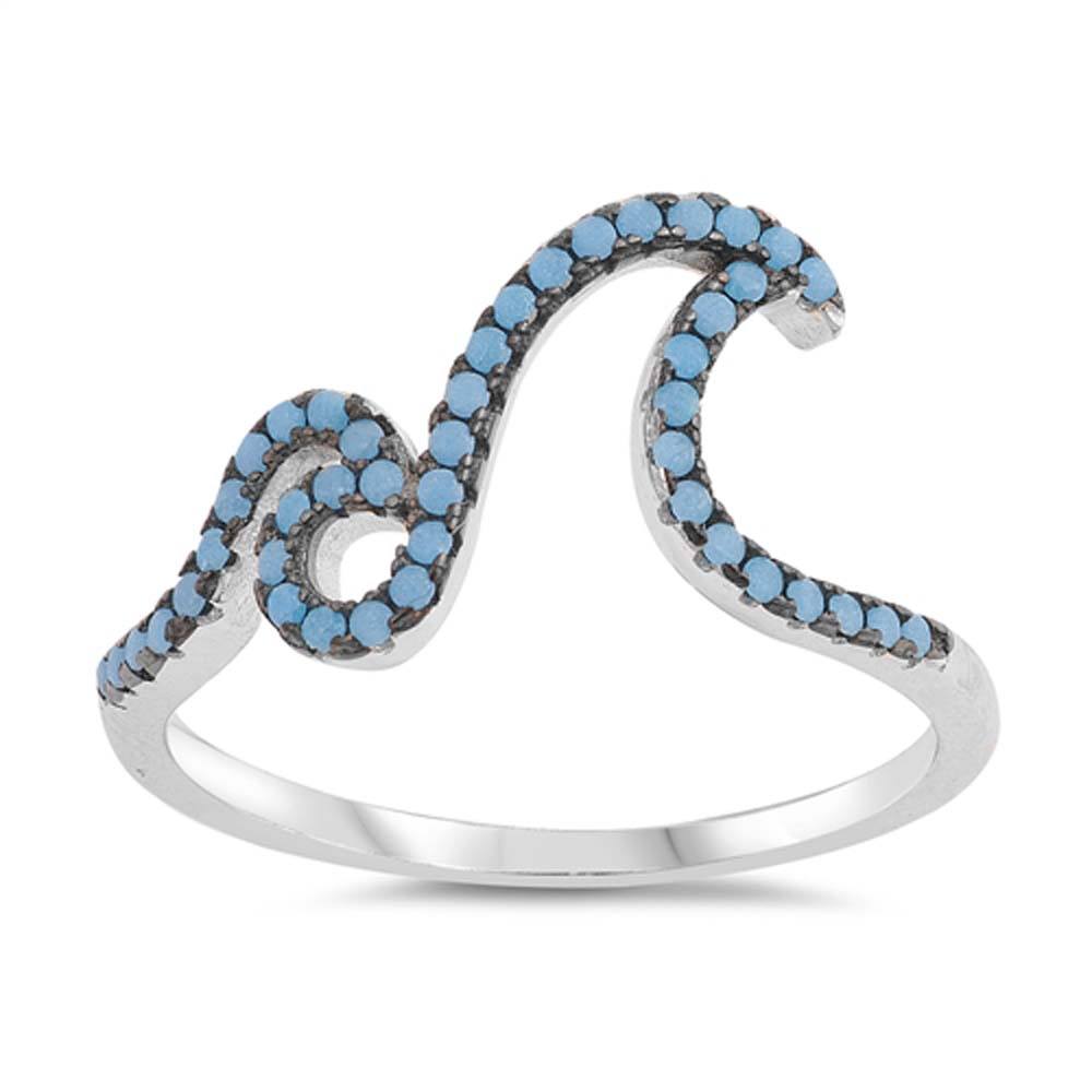 Sterling Silver With Nano Imitation Turquoise Cubic Zirconia With Double Waves  Stone RingAnd Face Height 10mm