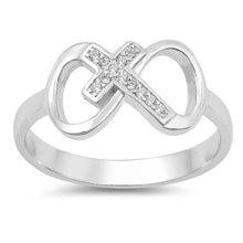 Load image into Gallery viewer, Sterling Silver Cross Infinity Shaped With Clear CZ RingAnd Face Height 9mm