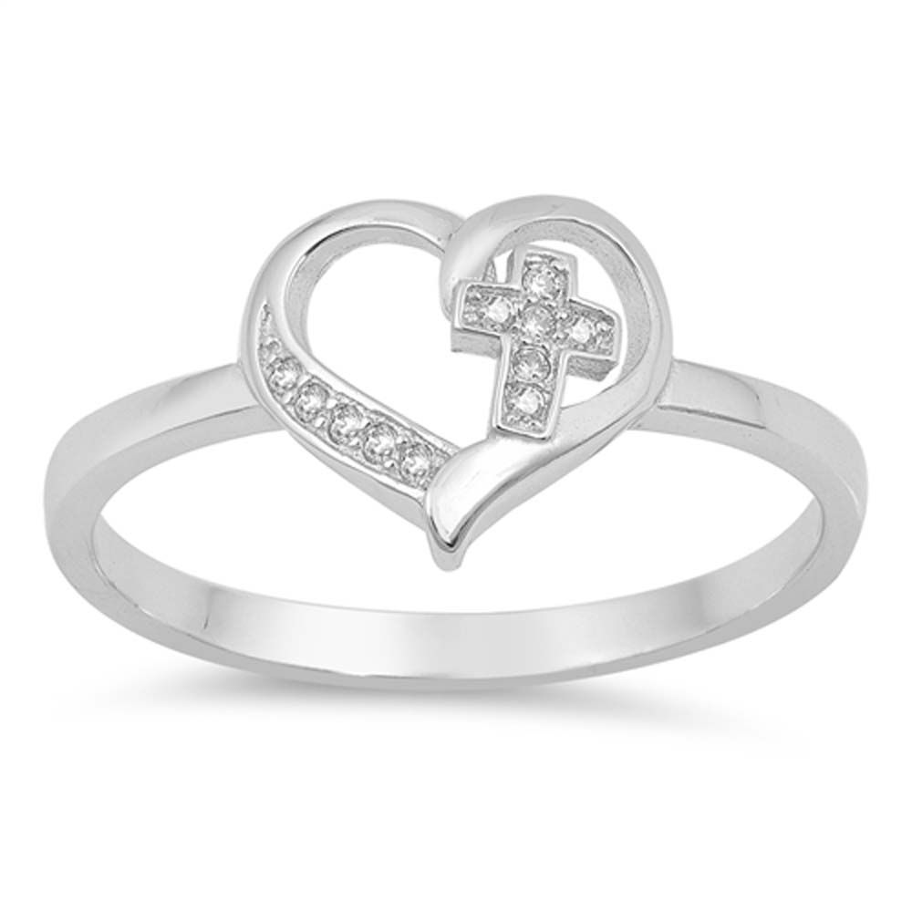 Sterling Silver Cross in Heart Shaped With Clear CZ RingAnd Face Height 11mm