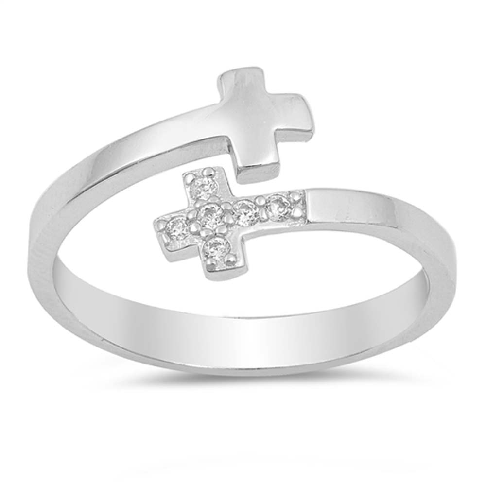 Sterling Silver Double Cross Shaped With Clear CZ RingAnd Face Height 10mm