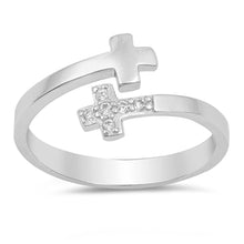 Load image into Gallery viewer, Sterling Silver Double Cross Shaped With Clear CZ RingAnd Face Height 10mm