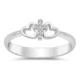 Sterling Silver Cross And Hearts Shaped With Clear CZ RingAnd Face Height 6mm