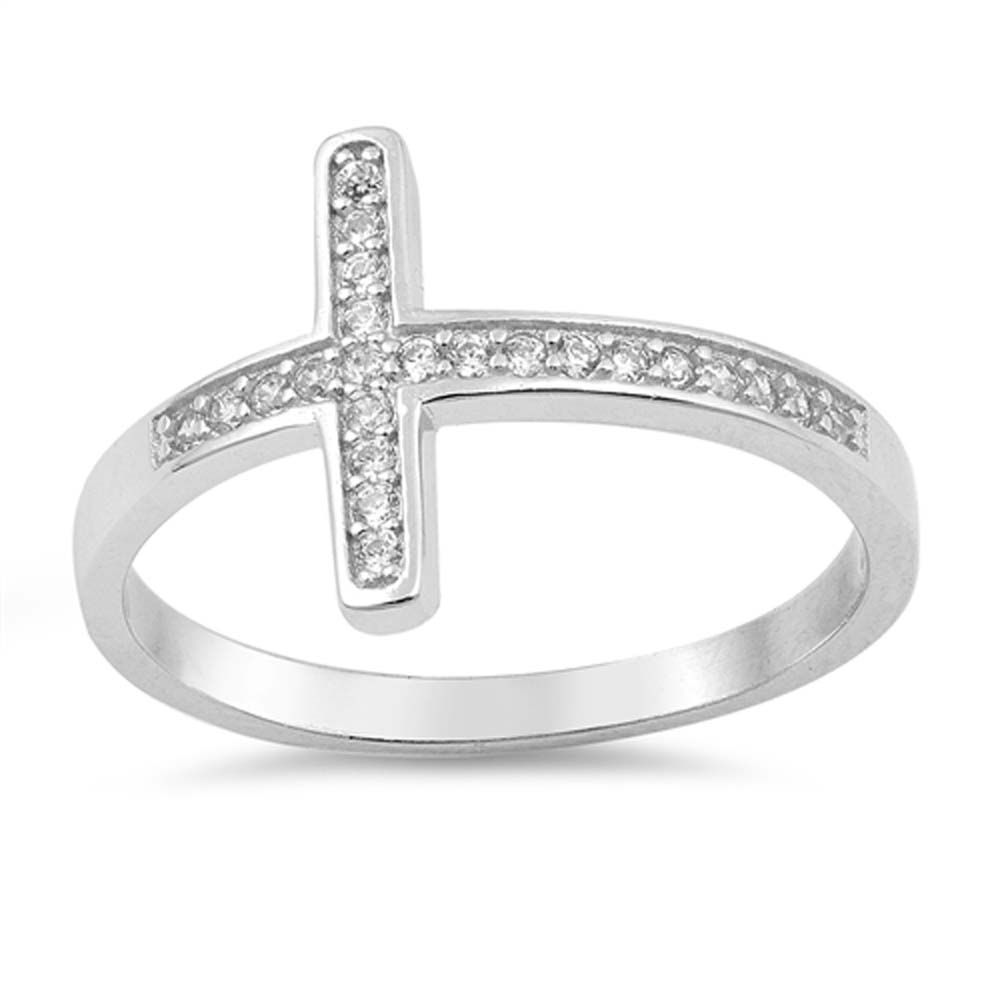 Sterling Silver Cross Shaped With Clear CZ RingAnd Face Height 14mm